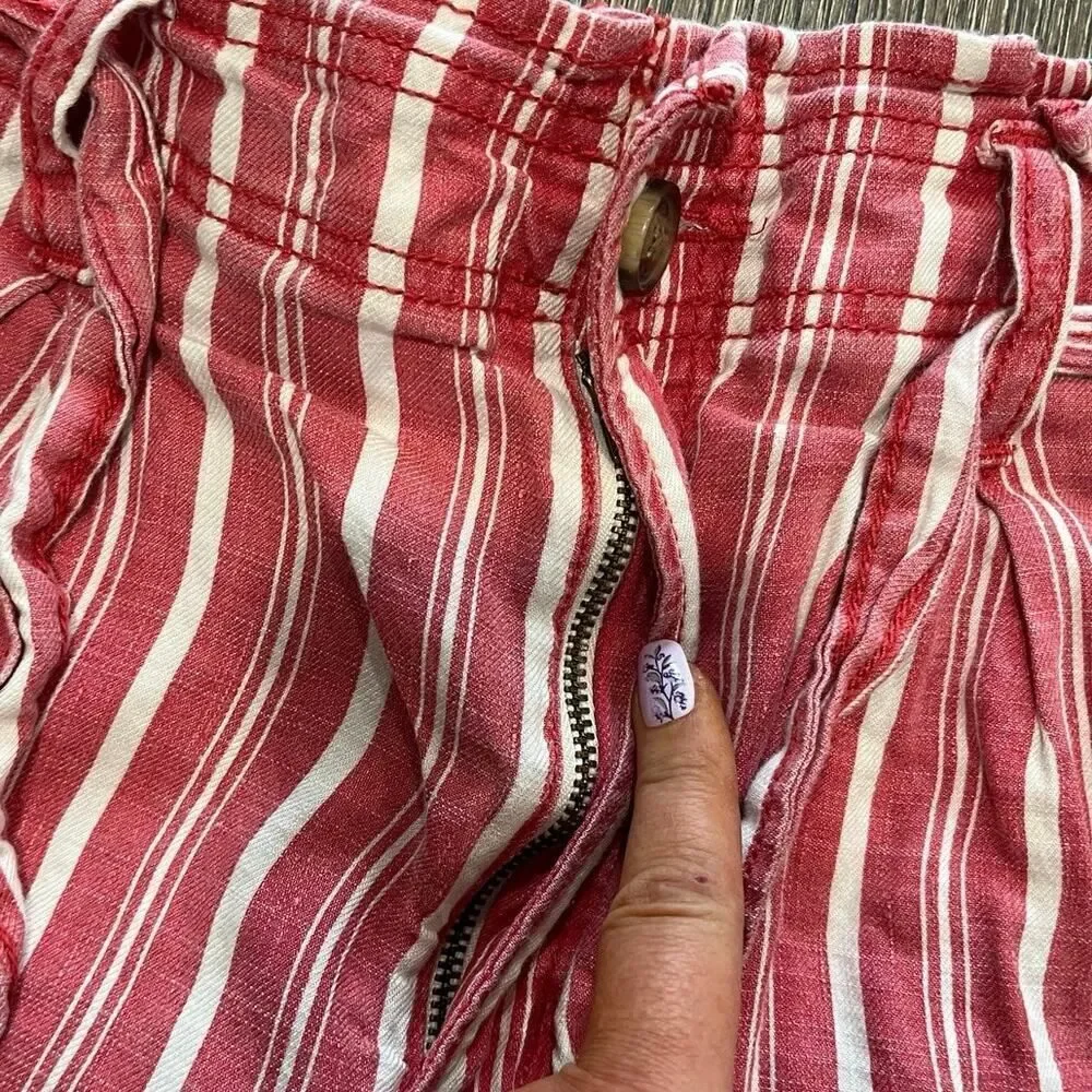 American Eagle Hi-Rise Linen Paperbag Shorts Striped Belted Red White Size 8